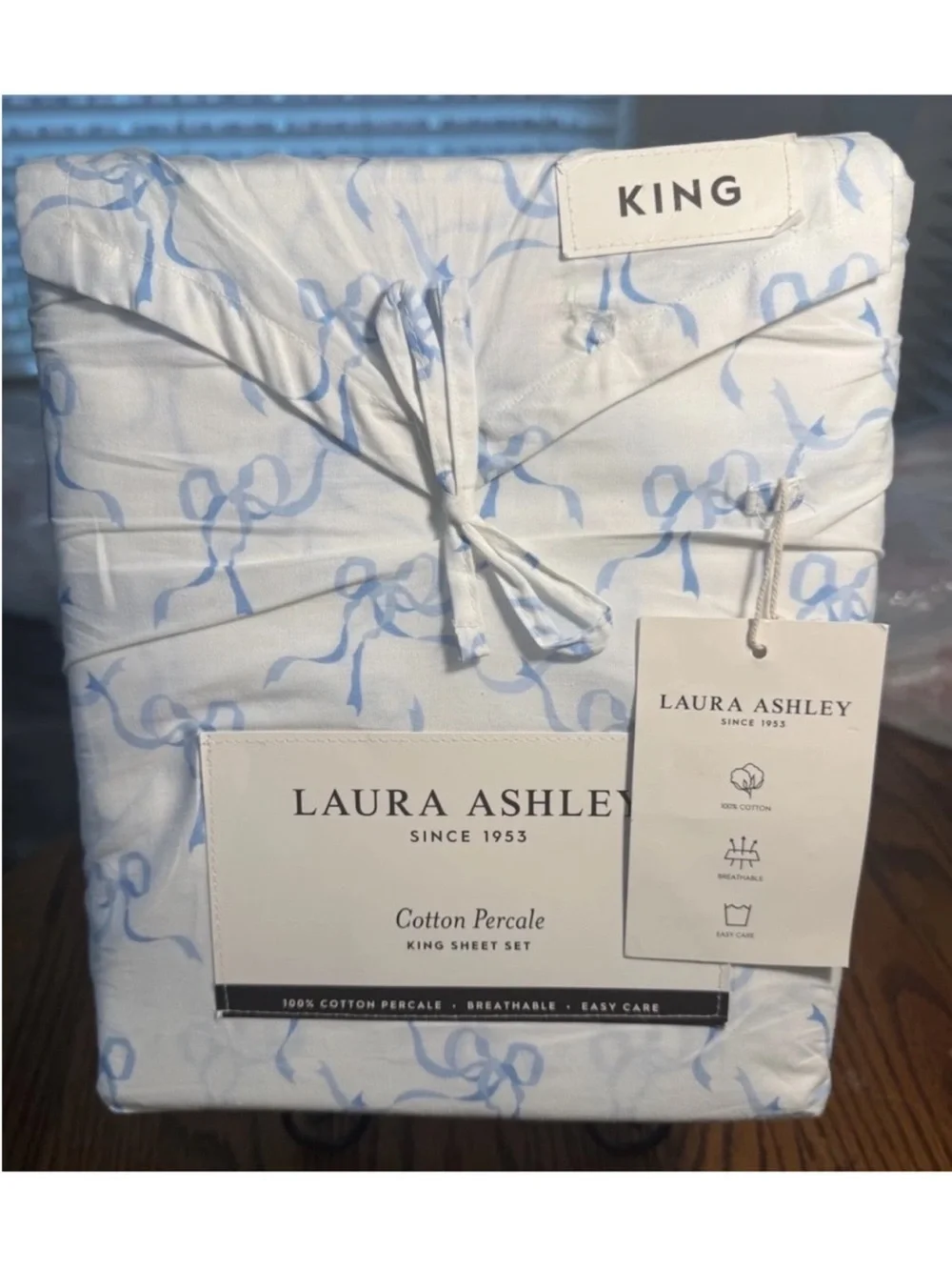 Laura Ashley King Blue Bow 100% Percale Cotton Sheet Set NWT Cottagecore